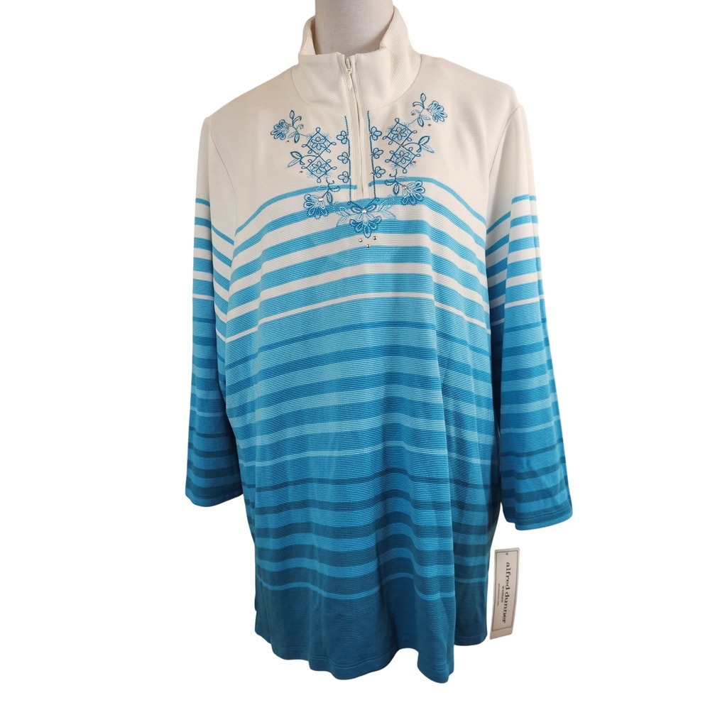 Alfred Dunner Women 2X 1/4 Zip Pullover Top Blue White Stripe Coastal Casual NWT